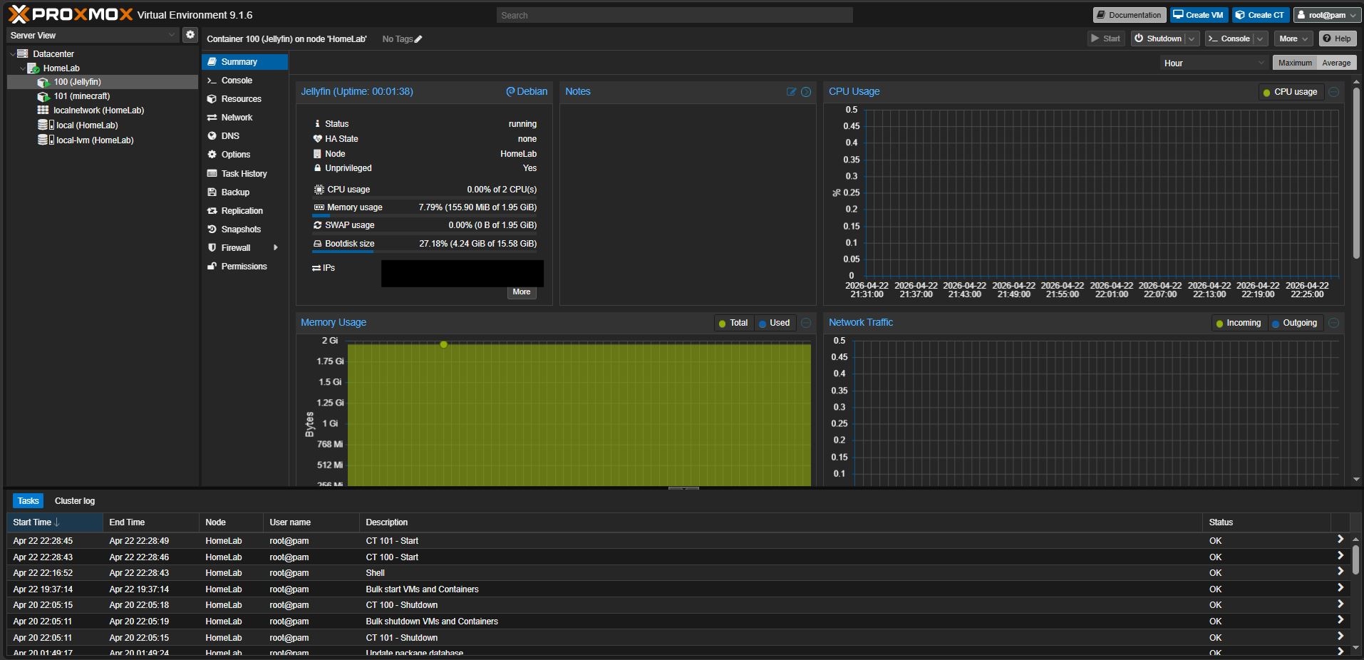 Interface Proxmox du HomeLab