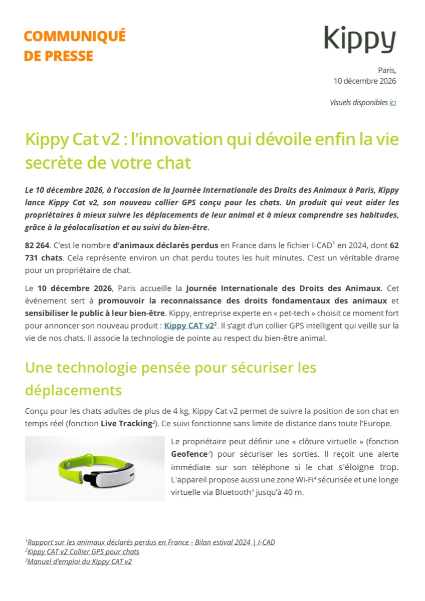 Aperçu du communiqué de presse Kippy Cat v2