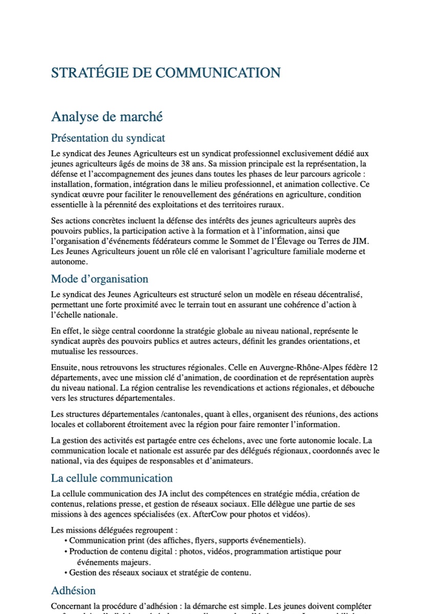 Aperçu du dossier de stratégie de communication Jeunes Agriculteurs