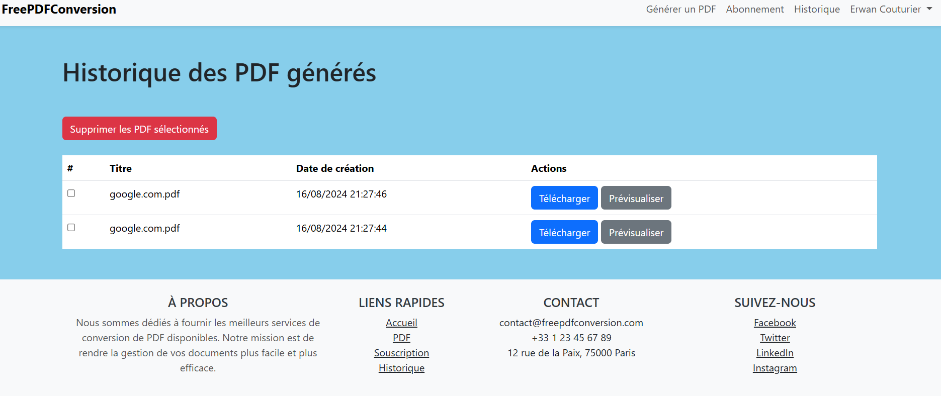 Historique des PDF générés avec possibilité de téléchargement et de prévisualisation