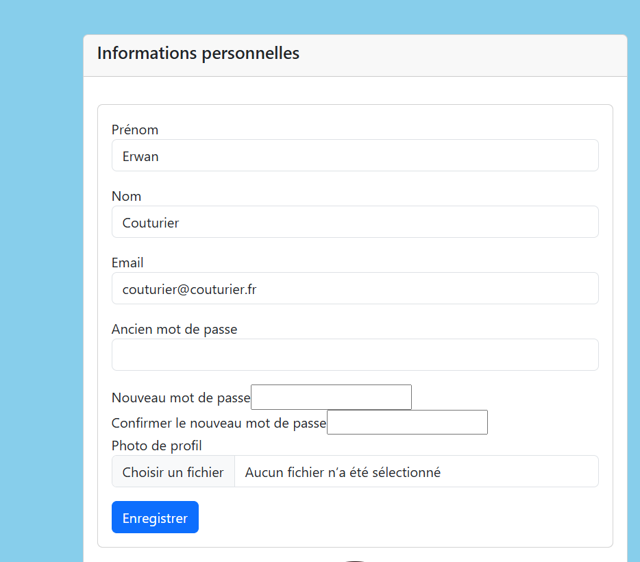 Formulaire de modification d'un compte utilisateur