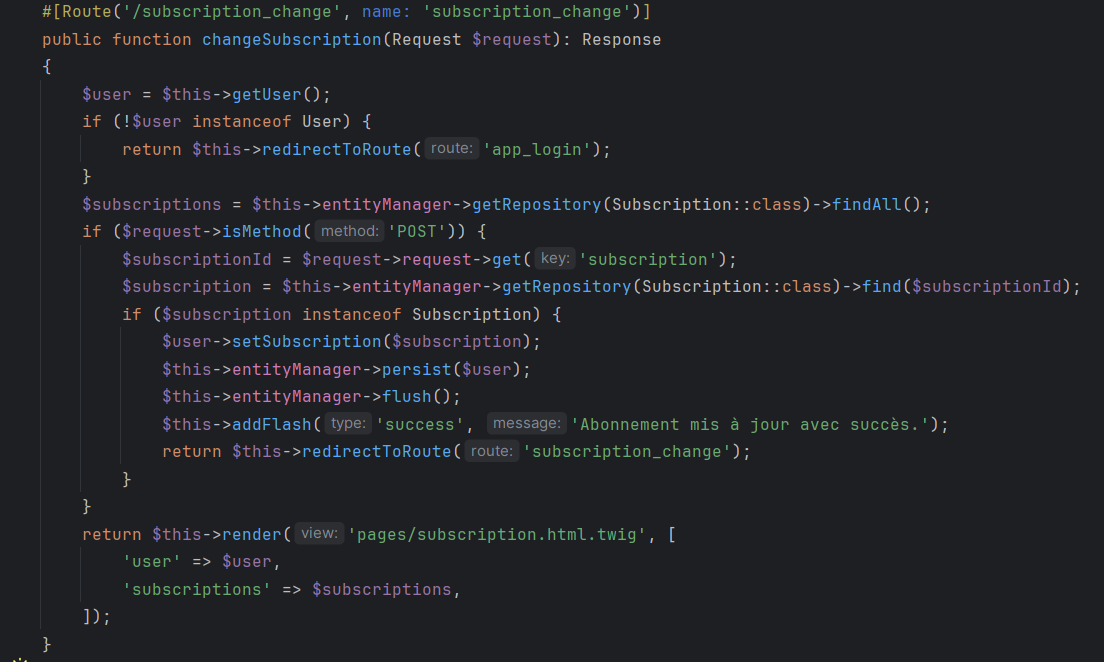 methode de modification d'abonnement d'un utilisateur.