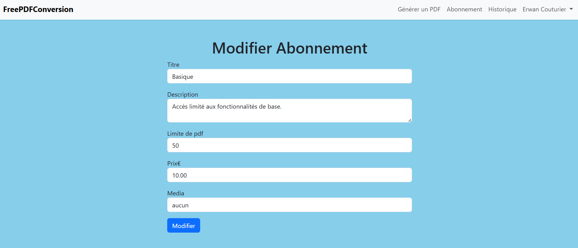 Page de modification d'abonnement